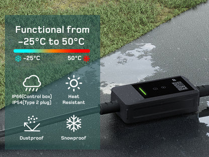 Dé EV Oplader 3.7kW | Schuko | Type 2 | Draagbaar | Instelbaar 6A-16A | 7-25m kabel