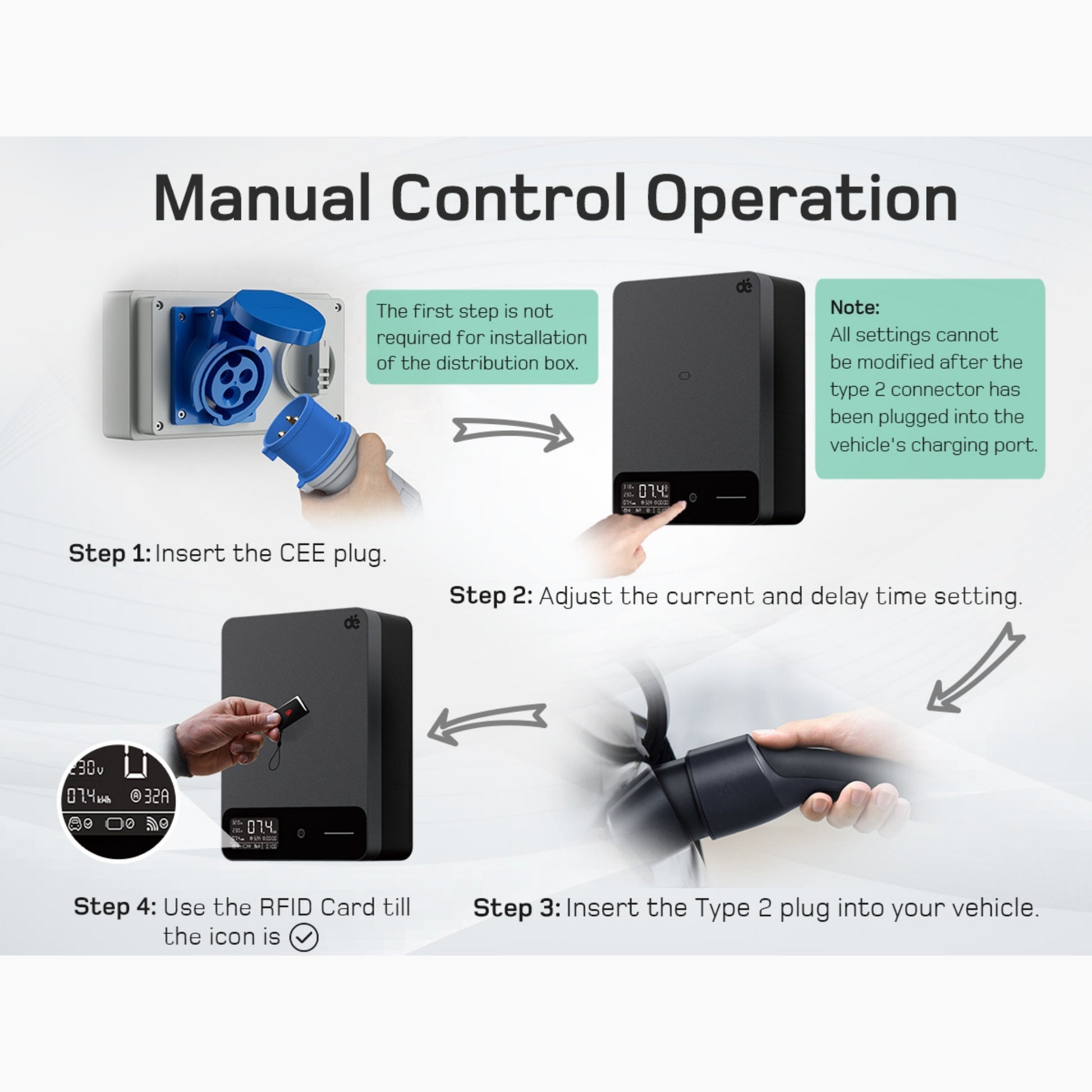 Wallbox Home 7,4 kW – Slimme EV Lader met App & RFID | Type 2 | Zwart/Wit - BlackCharge 5 meter / Zwart