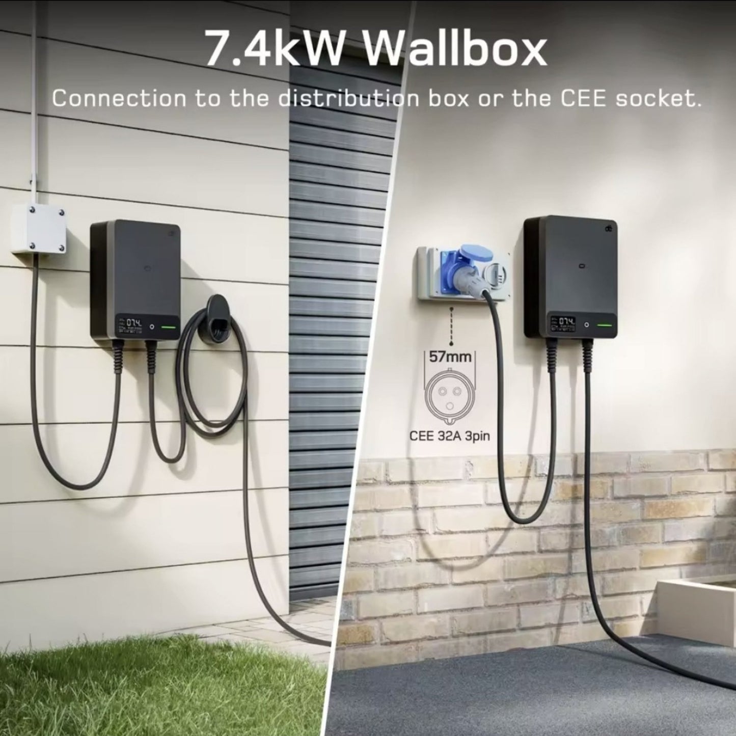 Wallbox Home 7,4 kW – Slimme EV Lader met App & RFID | Type 2 | Zwart/Wit - BlackCharge 5 meter / Zwart