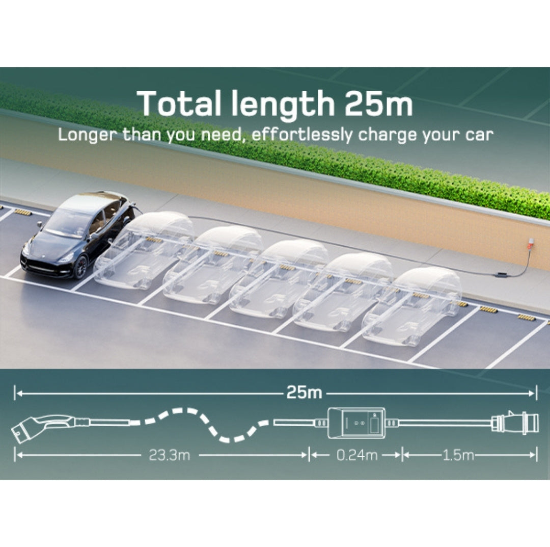 dé® 11kW Mobiele EV Thuislader – Type 2 | 7m–25m | Incl. CEE–Schuko verloop & kabelhouder